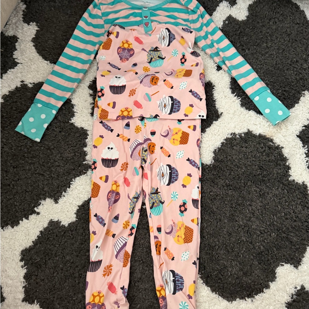 Matilda Jane Pink Cupcake Pajama Set with Teal Stripes and Polka Dot Cuffs